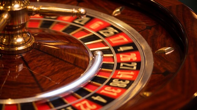 Roulette wheel motion casino gambling ball wooden red black numbers A metal ball leaves a bright curved trail inside a polished wooden roulette wheel for casino gaming campaign promotional banners