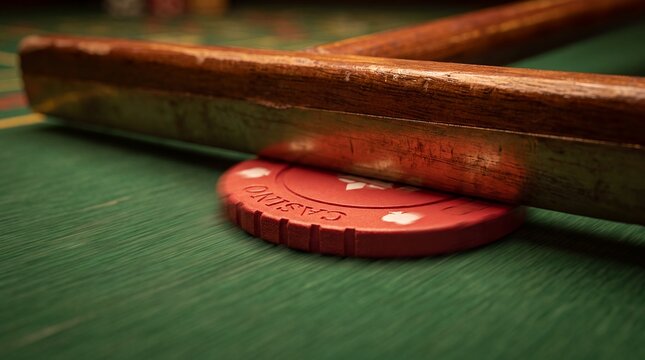Rake chip red casino gambling green felt wooden brass closeup A wooden and brass rake pushes a red chip over green felt in close view for casino table service and equipment brochures