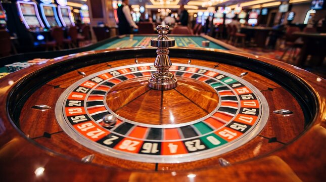 Roulette wheel ball casino gambling wooden numbers red black green A metal ball travels around a polished roulette wheel before a casino floor with slot machines for gaming venue promotional brochures