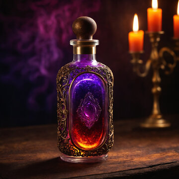 Antique purple glass potion bottle with glowing liquid and ornate metal decoration on a dark rustic wooden surface, magic alchemy still life