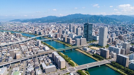 Fototapeta premium Aerial perspective of a sprawling modern cityscape, featuring winding rivers, numerous bridges, and tall buildings, with mountains under a clear blue sky