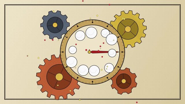 Abstract Clock Face With Rotating Gears And Floating Spheres Animation
