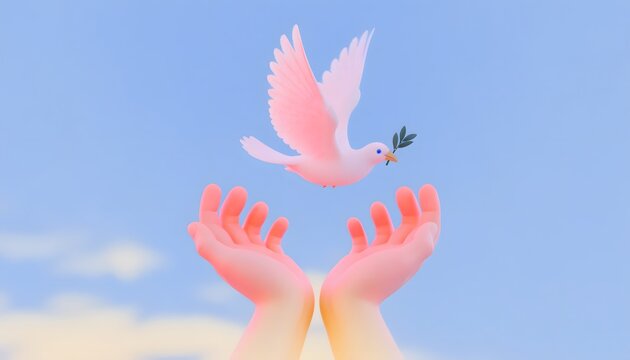 White Dove Flying Over Open Hands at Sunset &ndash; World Peace Day Concept with Copy Space
