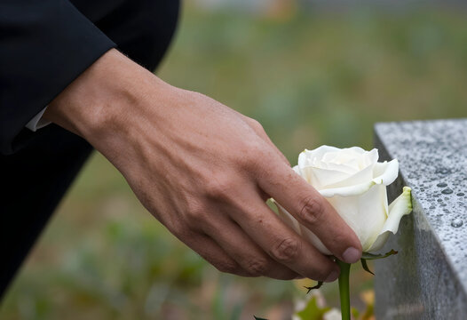 Grief and bereavement, person placing white rose on grave at cemetery for funeral tribute and mourning, loss of loved one and memorial service