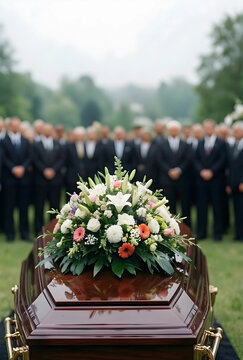 Funeral service and bereavement, mourners standing behind a wooden casket with floral arrangement during a burial ceremony in an outdoor cemetery