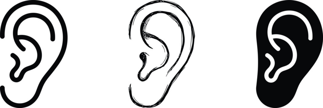 Human ear icons in outline, filled and hand drawn style for hearing care and anatomy
