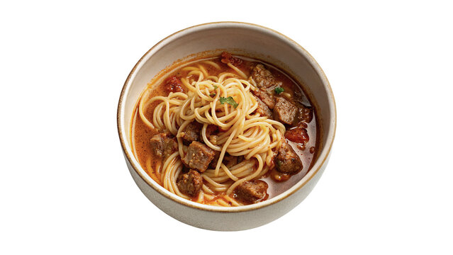 Hot appetizing bowl of Asian noodle soup ramen with chicken vegetables isolated on transparent background