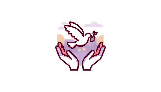 White Dove Flying Over Open Hands at Sunset &ndash; World Peace Day Concept with Copy Space
