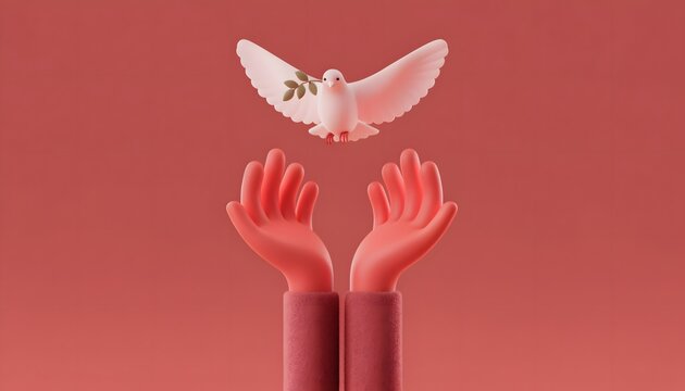 White Dove Flying Over Open Hands at Sunset &ndash; World Peace Day Concept with Copy Space