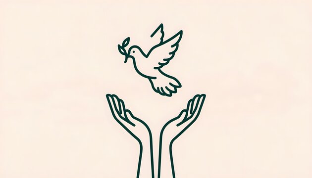 White Dove Flying Over Open Hands at Sunset &ndash; World Peace Day Concept with Copy Space