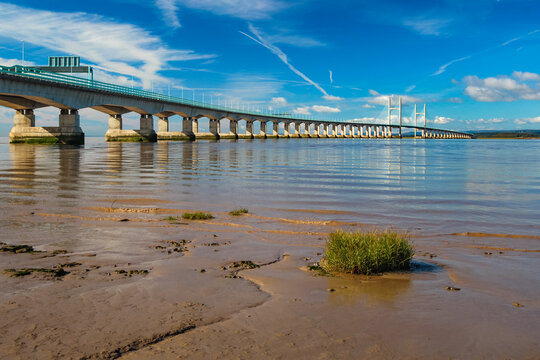 The Second Severn Crossing Prince of Wales Bridge stretching across estuary mudflats at low tide