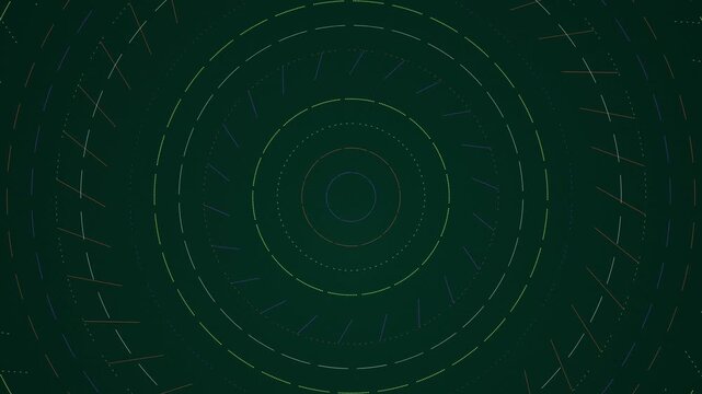 Concentric circles made of glowing dashed lines radiating across a dark deep green environment space