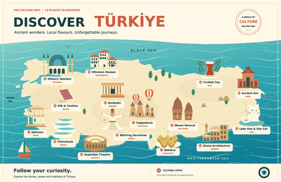 Discover T&uuml;rkiye Travel Map Vector Illustration with Famous Landmarks, Cultural Icons and Tourist Destinations