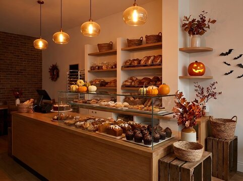 Halloween bakery display with pastries pumpkins and autumn decor