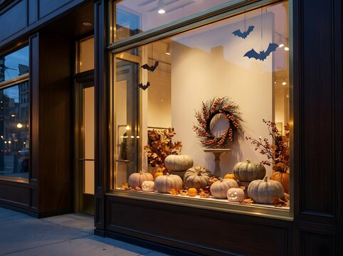 Halloween shop window with pumpkins and autumn decor