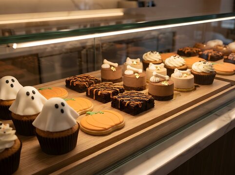 Halloween bakery display with ghost cupcakes and pumpkin cookies