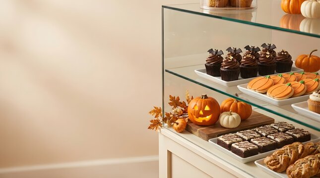 Halloween bakery display with pastries pumpkins and copy space