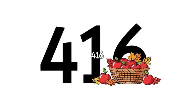 Autumn Fall Harvest Theme: Large Number 416 with Basket of Apples and Colorful Leaves