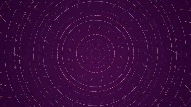 Concentric circles made of glowing light lines rotating on a dark purple surface for dynamic visuals