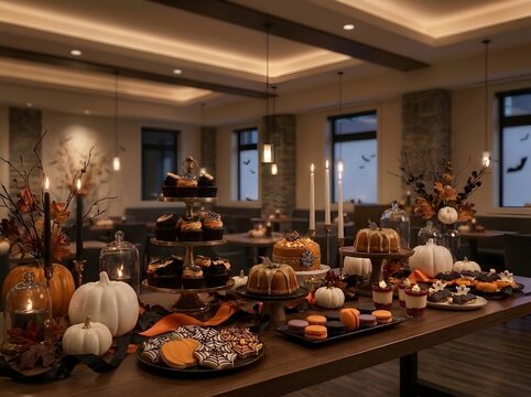 Halloween restaurant decor with dessert table and pumpkins