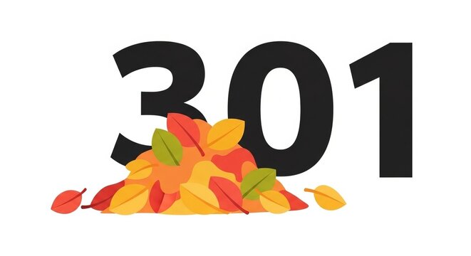 Autumn Fall Leaves Pile with Large Numbers 301 on White Background