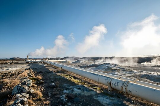 Geothermal pipeline crossing steaming mineral ground &ndash; Ideal for renewable energy, sustainability, or geoscience content