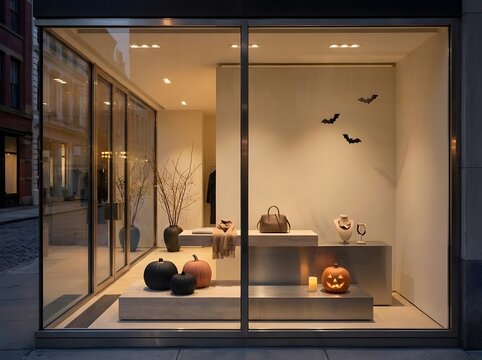 Halloween shop window with pumpkins and minimalist boutique display