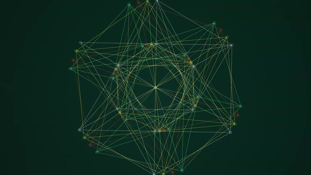 Connected dots forming complex geometric lines and network structures on a dark green surface area