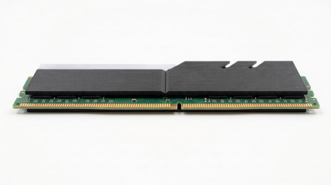 Modern computer memory ram stick module with black heatsink isolated on a white background.