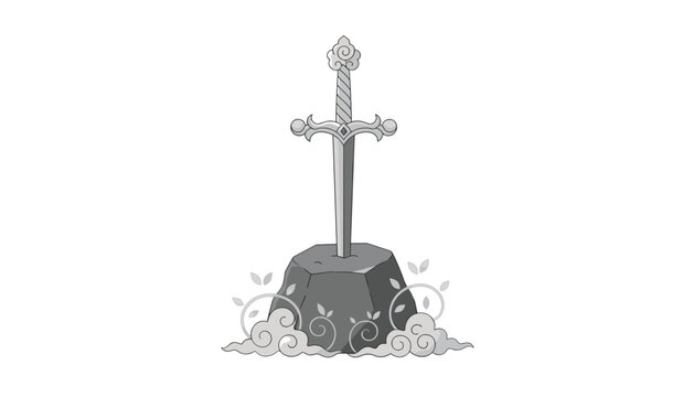 Excalibur blade rests inside a rock formation surrounded by artistic clouds to represent classic medieval legend and historical mythology concepts.