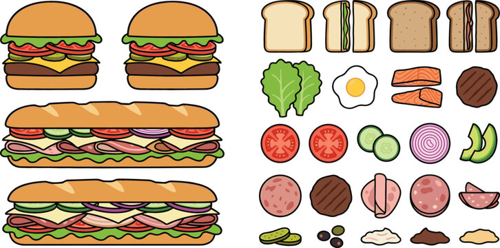 Fast food vector illustration set with realistic hamburgers sub sandwiches fresh bread ingredients meat cheese and vegetable slices