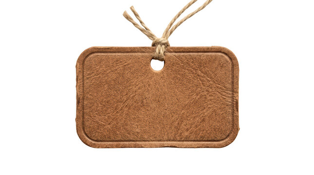 Blank brown leather tag with string isolated on transparent background