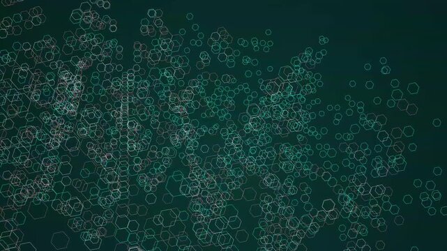 Floating teal hexagon shapes scattered across a dark moody surface representing modern scientific data connection patterns