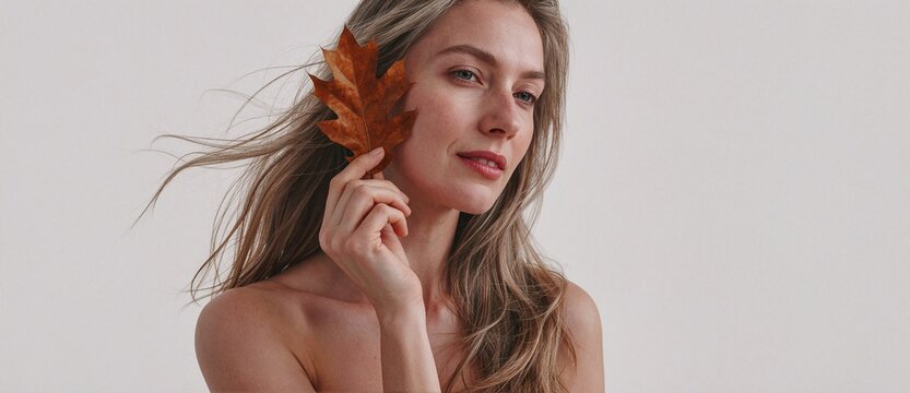 Beautiful Young Woman with Long Blonde Hair Holding an Autumn Leaf Against a Minimalist White Background
