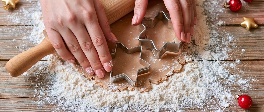 Close-up of hands using cookie cutter on rolled dough with flour
