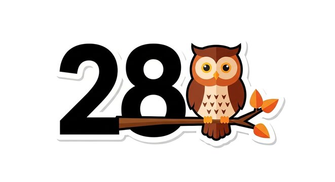 Charming Owl Sits on Branch Next to the Number 28, Autumn Fall Themed Illustration, Cute Cartoon Style, Isolated on White