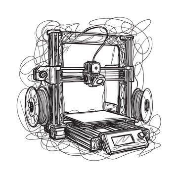 Abstract gestural sketch of a 3D printer with expressive scribble lines and hand drawn technical detail on white background