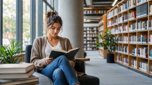Young woman reading a book while sitting in a modern library with shelves filled with books