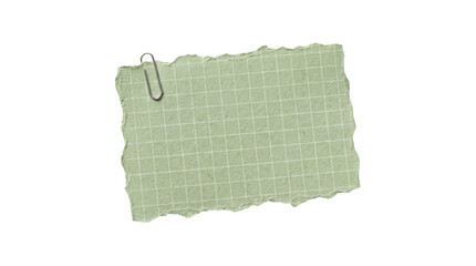 A piece of torn green grid paper with a metal paperclip isolated on transparent background