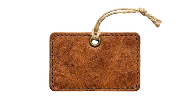 Blank brown leather tag with rope isolated on transparent background