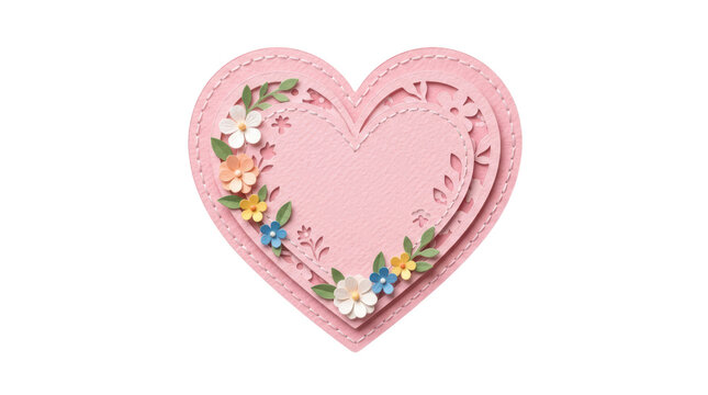 Layered pink paper heart with floral decorations isolated on transparent background