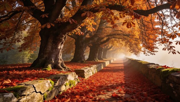 autumn background, fall foliage, nature landscape, misty autumn path lined with vibrant red foliage, large golden brown chestnut trees, foggy morning park promenade, scenic fall road