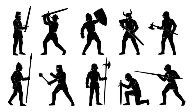 Medieval knight weapon action silhouette set with sword shield axe spear and lance vector