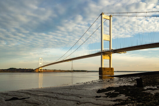 Golden hour light illuminating the historic Severn Bridge suspension tower at Beachley