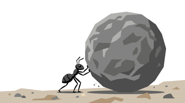 Ant pushing a massive round boulder across a barren landscape in a graphic vector illustration.