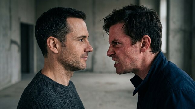 Two men arguing, intense confrontation, aggressive facial expressions, conflict concept