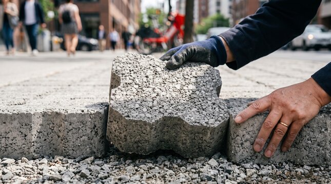 Construction worker places interlocking paving stones on a sidewalk outdoors