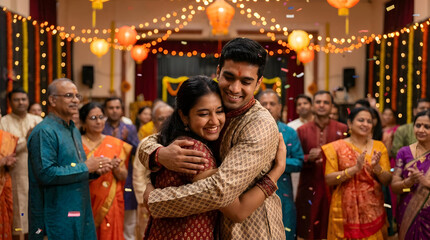 Fototapeta premium Family hugging at traditional Indian wedding reception indoors.