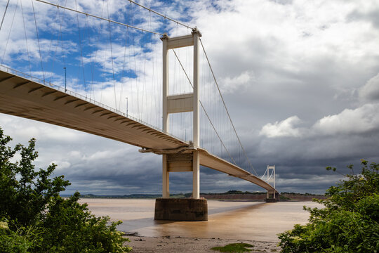 The iconic Severn Bridge suspension structure crossing the River Severn at Beachley