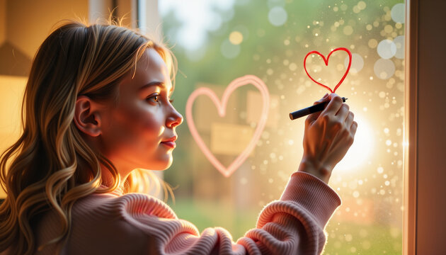 Young woman drawing a glowing heart on a window at home  